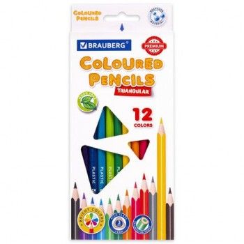 Карандаши цветные BRAUBERG 3 шт. PREMIUM, 12 цветов, пластиковые, трехгранные, грифель 3 мм, 181661
