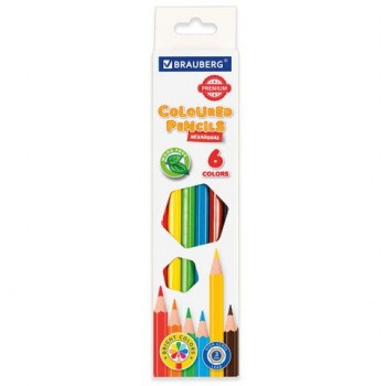 Карандаши цветные BRAUBERG 6 шт. PREMIUM, 6 цветов, пластиковые, шестигранные, грифель 3 мм, 181665