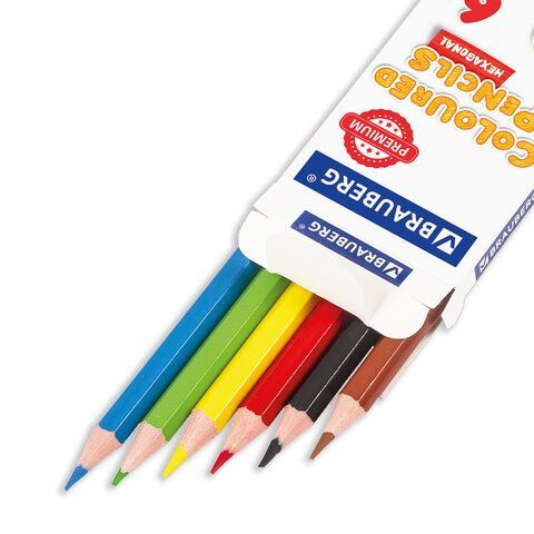 Карандаши цветные BRAUBERG 6 шт. PREMIUM, 6 цветов, пластиковые, шестигранные, грифель 3 мм, 181665