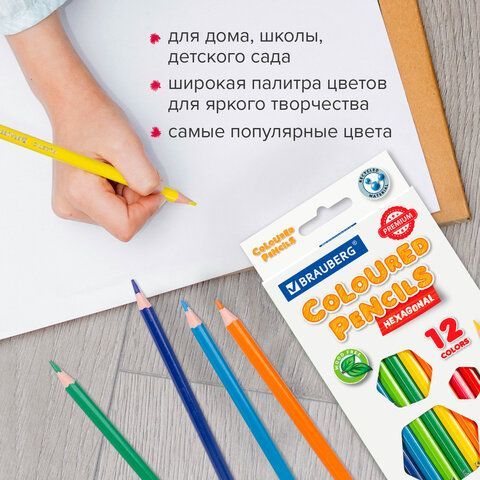 Карандаши цветные BRAUBERG 3 шт. PREMIUM, 12 цветов, пластиковые, шестигранные, грифель 3 мм, 181666