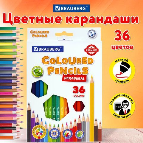 Карандаши цветные BRAUBERG PREMIUM, 36 цветов, пластиковые, шестигранные, грифель 3 мм, 181669