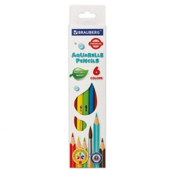 Карандаши цветные акварельные BRAUBERG 3 шт. PREMIUM AQUARELLE, 6 цветов, грифель 4 мм, 181670.