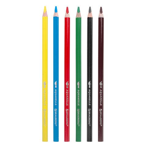 Карандаши цветные акварельные BRAUBERG 3 шт. PREMIUM AQUARELLE, 6 цветов, грифель 4 мм, 181670.