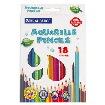 Карандаши цветные акварельные BRAUBERG PREMIUM AQUARELLE, 18 цветов, грифель 4 мм, 181672