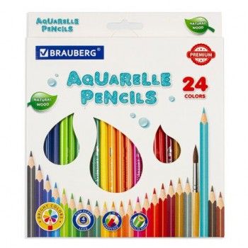 Карандаши цветные акварельные BRAUBERG PREMIUM AQUARELLE, 24 цвета, грифель 4 мм, 181673