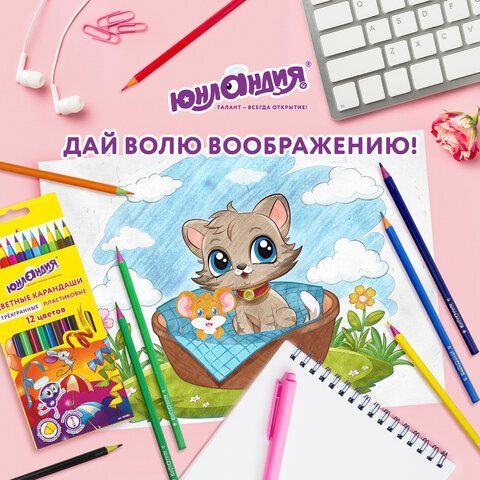 Карандаши цветные ЮНЛАНДИЯ &quot;КАРНАВАЛ&quot;, 12 цветов, пластиковые, заточенные, трехгранный корпус, 181684