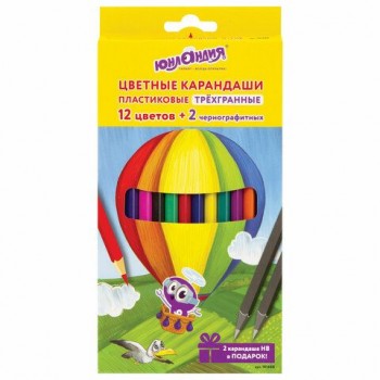 Карандаши цветные ЮНЛАНДИЯ 2 шт. "ВОЗДУШНЫЙ ШАР", 12 цветов + 2 чернографитных, пластиковые, трехгранные, 181688