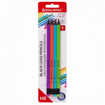 Набор карандашей чернографитных BRAUBERG 3 шт. "ULTRA COLOR" 4 шт., HB, с ластиком, пластиковые, 181709