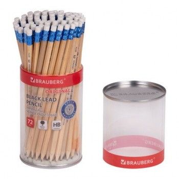 Карандаш чернографитный BRAUBERG 72 шт. "ORIGINAL", 1 шт., HB, с ластиком, некрашеный корпус, 181713