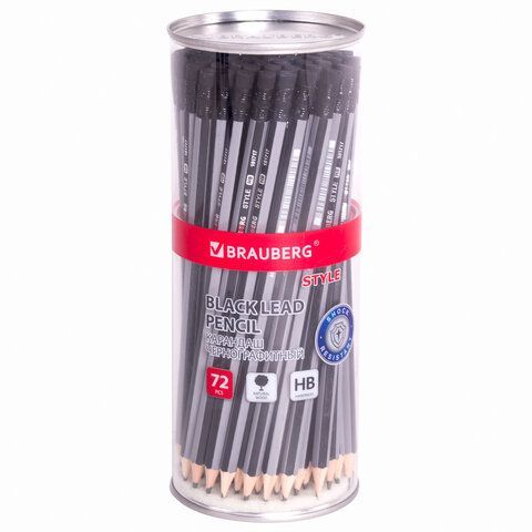 Карандаш чернографитный BRAUBERG 72 шт. &quot;Style&quot;, 1 шт., HB, с ластиком, корпус черно-серый, 181717