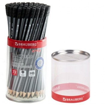 Карандаш чернографитный BRAUBERG 72 шт. "Style", 1 шт., HB, с ластиком, корпус черно-серый, 181717