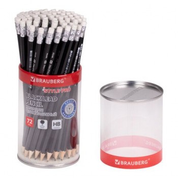 Карандаш чернографитный BRAUBERG 72 шт. "Style PRO", 1 шт., HB, с ластиком, корпус черный, 181723