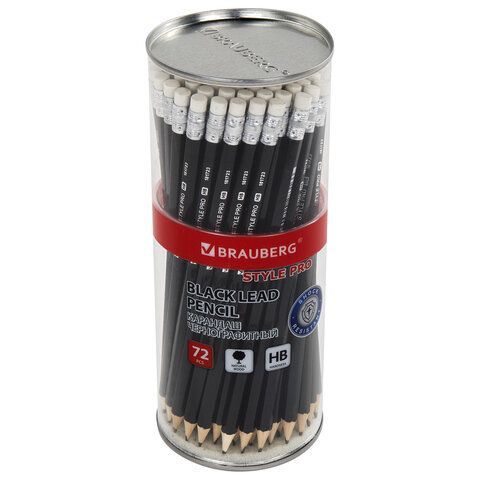 Карандаш чернографитный BRAUBERG 72 шт. &quot;Style PRO&quot;, 1 шт., HB, с ластиком, корпус черный, 181723
