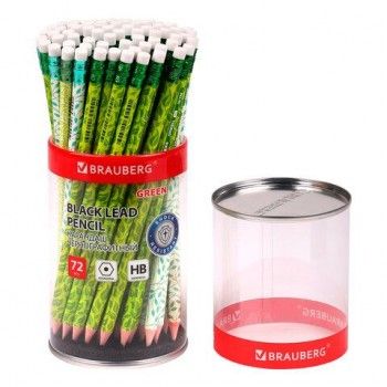 Карандаш чернографитный BRAUBERG 72 шт. "GREEN", 1 шт., HB, с ластиком, пластиковый, ассорти, 181746