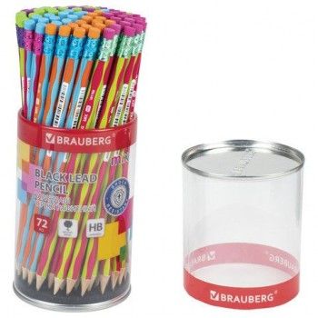 Карандаш чернографитный BRAUBERG 72 шт. "MIX", 1 шт., HB, с ластиком, корпус ассорти, 181760