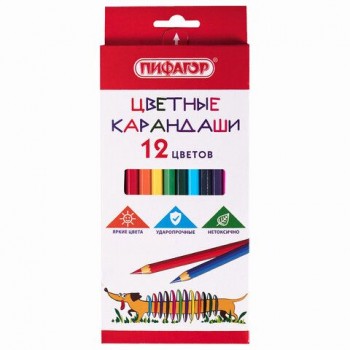 Карандаши цветные ПИФАГОР 3 шт. "Веселая такса", 12 цветов, классические, заточенные, 181806