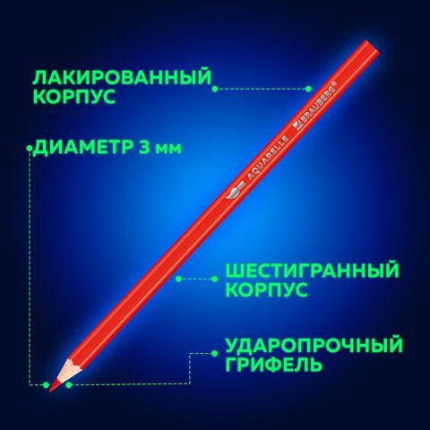 Карандаши цветные акварельные классические мягкие BRAUBERG, 12 цветов, с КИСТЬЮ, 181848