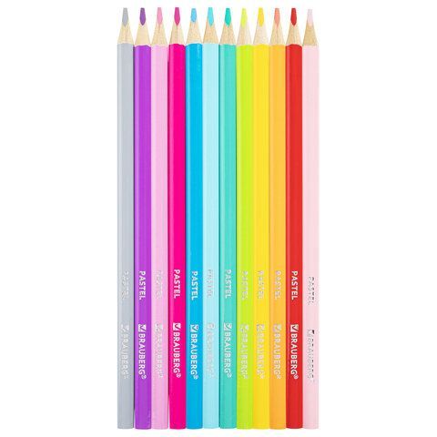 Карандаши цветные BRAUBERG PASTEL, 12 пастельных цветов, трёхгранные, грифель 3 мм, 181850
