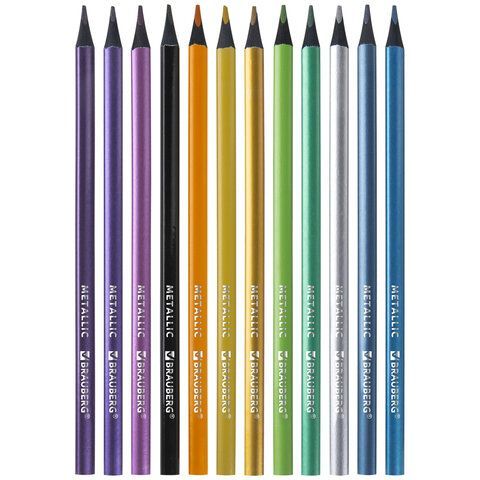 Карандаши цветные BRAUBERG METALLIC, 12 цветов металлик, черное дерево, трёхгранные, 181853