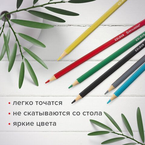 Карандаши цветные мягкие BRAUBERG 4 шт. АКАДЕМИЯ, 6 цветов, шестигранные, грифель 3 мм, 181863