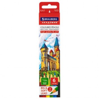 Карандаши цветные мягкие BRAUBERG 4 шт. АКАДЕМИЯ, 6 цветов, шестигранные, грифель 3 мм, 181863