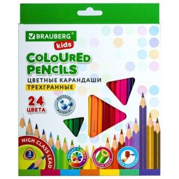 Карандаши цветные BRAUBERG KIDS, 24 цвета, трехгранный корпус, грифель мягкий 3 мм, 181944