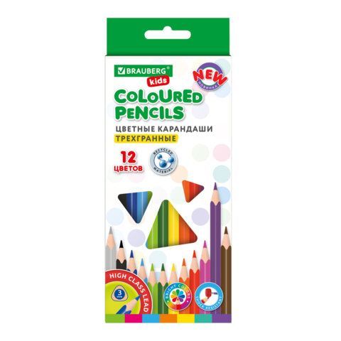 Карандаши цветные BRAUBERG KIDS 3 шт. NEW, 12 цветов, трехгранный корпус, грифель 3 мм, 182001