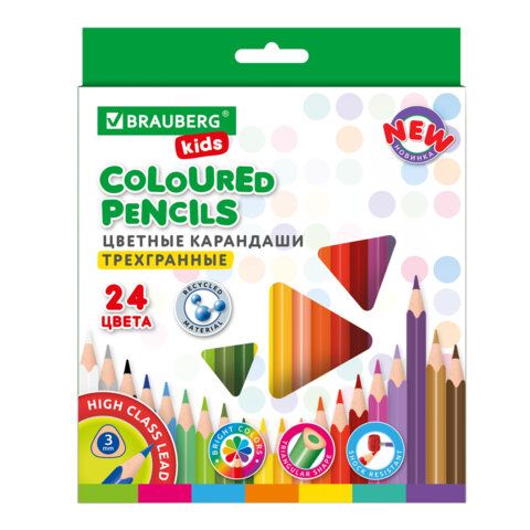 Карандаши цветные BRAUBERG KIDS NEW, 24 цвета, трехгранный корпус, грифель 3 мм, 182002