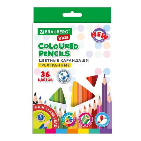 Карандаши цветные BRAUBERG KIDS NEW, 36 цветов, трехгранный корпус, грифель 3 мм, 182003