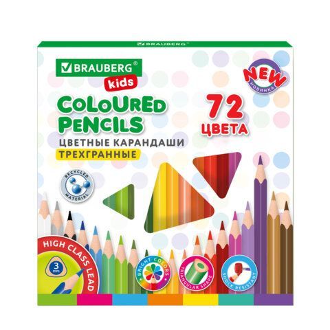 Карандаши цветные BRAUBERG KIDS NEW, 72 цвета, трехгранный корпус, грифель 3 мм, 182005