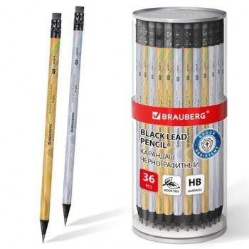 Карандаш чернографитный BRAUBERG 36 шт. "SILVER/GOLD", 1 шт, HB, с ластиком, корпус ассорти, 182011