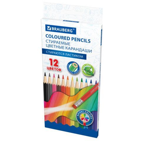 Карандаши цветные стираемые с ластиком BRAUBERG 12 шт. ERASABLE, 12 цветов, шестигранные, 182070