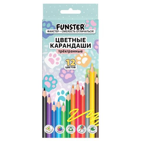 Карандаши цветные кросс-серия КОШАЧЬИ ЛАПКИ, 12 цветов, трехгранные, FUNSTER 24 шт., 182146