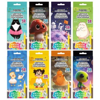 Карандаши цветные мягкие FUNSTER 24 шт. (Фанстер), АССОРТИ 8 ДИЗАЙНОВ, 12 цветов, трехгранные, натуральное дерево, 182158