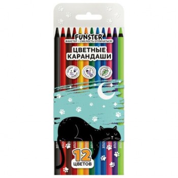 Карандаши цветные FUNSTER 12 шт. BLACK, 12 цв, черный корпус, утолщенный грифель 4 мм, ПВХ, круглые, 182200