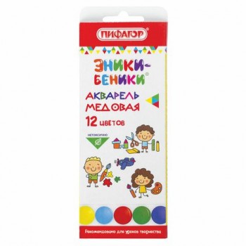 Краски акварельные ПИФАГОР 5 шт. "ЭНИКИ-БЕНИКИ", 12 цветов, медовые, картонная коробка, пластиковая подложка, 191316