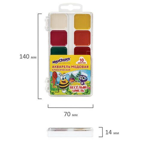 Краски акварельные ЮНЛАНДИЯ 12 шт. "ВЕСЁЛЫЙ ШМЕЛЬ", медовые, 10 цветов, КЛАССИЧЕСКИЕ, пластик, 191323