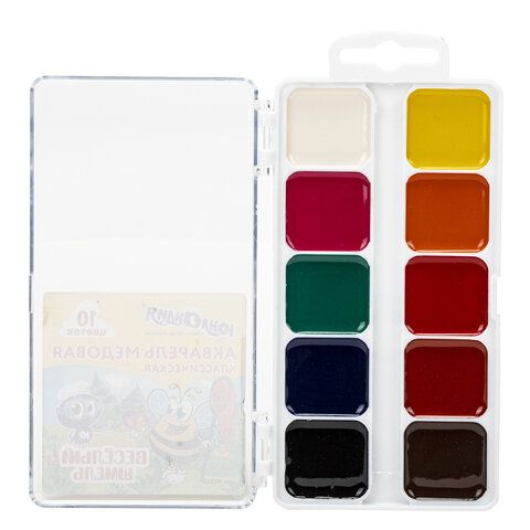 Краски акварельные ЮНЛАНДИЯ 12 шт. "ВЕСЁЛЫЙ ШМЕЛЬ", медовые, 10 цветов, КЛАССИЧЕСКИЕ, пластик, 191323