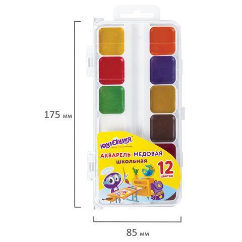 Краски акварельные ЮНЛАНДИЯ 4 шт. &quot;ШКОЛЬНЫЕ&quot;, медовые, 12 цветов, КЛАССИЧЕСКИЕ, пластик, 191529