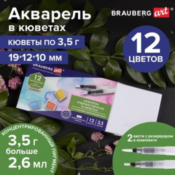 Акварель художественная кюветы НАБОР 12 цветов по 3,5 г, пластиковый кейс, BRAUBERG ART CLASSIC, 191768