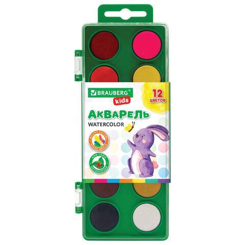 Краски акварельные BRAUBERG 3 шт. KIDS, 12 ярких цветов, круглые кюветы, пластиковый пенал, 191806