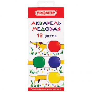 Краски акварельные медовые 12 цветов ПИФАГОР 4 шт. "ВЕСЕЛАЯ ТАКСА", картонная коробка, 192007