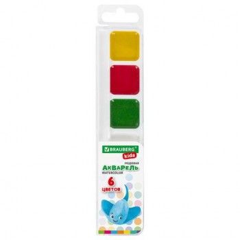 Краски акварельные BRAUBERG 6 шт. KIDS, медовые, 6 цветов, квадратные кюветы, пластиковый пенал, 192281