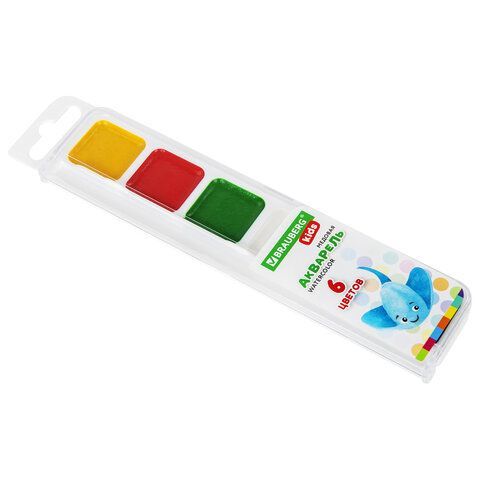 Краски акварельные BRAUBERG 6 шт. KIDS, медовые, 6 цветов, квадратные кюветы, пластиковый пенал, 192281