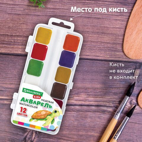 Краски акварельные BRAUBERG KIDS 4 шт., медовые, 12 цветов, квадратные кюветы, пластиковый пенал, 192282