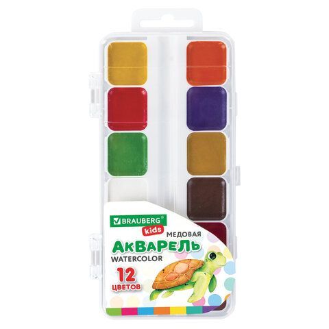 Краски акварельные BRAUBERG KIDS 4 шт., медовые, 12 цветов, квадратные кюветы, пластиковый пенал, 192282