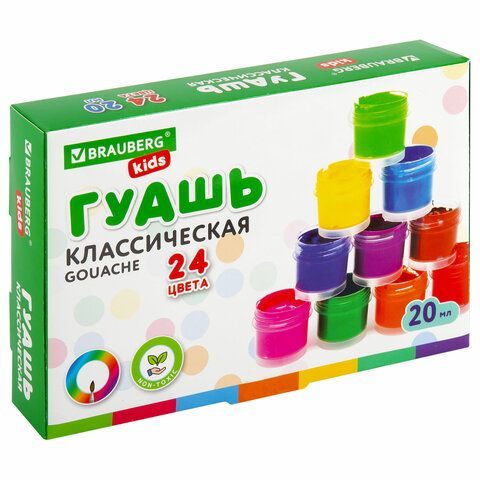 Гуашь BRAUBERG KIDS &quot;NEW&quot;, 24 цвета по 20 мл, 192380