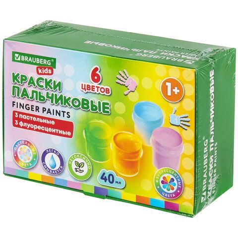 Краски пальчиковые для малышей от 1 года, 6 цветов (3 пастельных + 3 флуоресцентных) по 40 мл, BRAUBERG KIDS, 192400