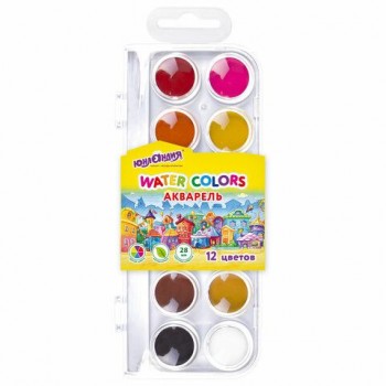 Краски акварельные ЮНЛАНДИЯ 12 шт. "ДОМИКИ" 12 цветов, круглые кюветы 28 мм, пенал, 192630