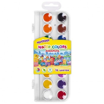 Краски акварельные ЮНЛАНДИЯ 12 шт. "ДОМИКИ" 16 цветов, круглые кюветы 23 мм, пенал, 192631